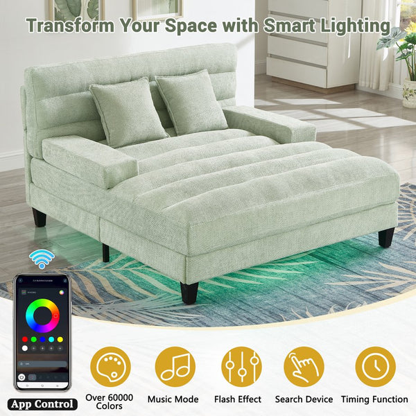 English Elm Modern Chaise Lounge Sofa with Adjustable 6-Position Backrest and App-Controlled RGB LED Lighting, Plush Chenille Upholstery Green N719P330968F