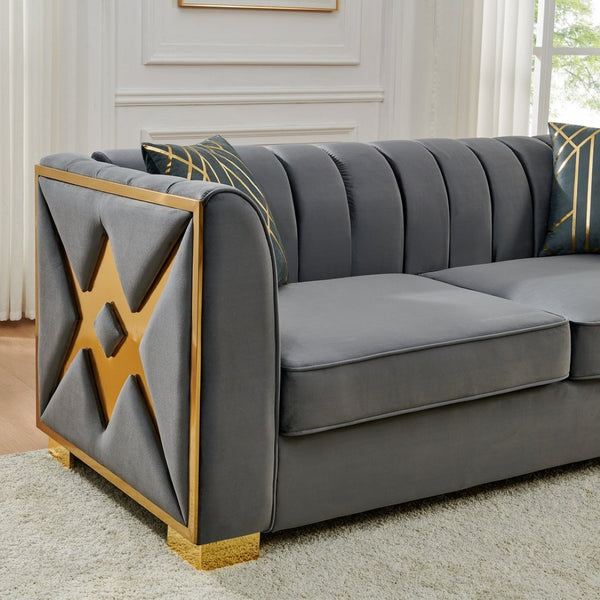 English Elm 81" Tufted Velvet Chesterfield Sofa with Gold Steel Legs for Elegant Living Rooms W1191S00064