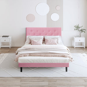 English Elm Full Full Size Upholstered Platform Bed Frame Pink Linen Headboard, Button Tufted, No Box Spring Needed, 500LB Weight Limit, Easy Assembly W311P198070