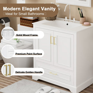 English Elm 30" Modern Bathroom Vanity with Ceramic Sink, Soft-Close Doors, Divided Drawer & Dual Door Shelves White N729P321376K