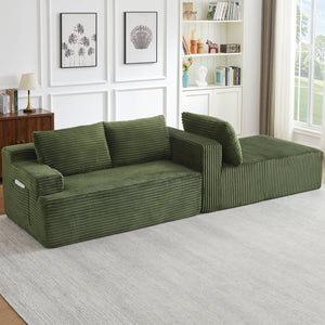 English Elm L-Shaped Cloud Sectional Sofa - Cozy Modular Sleeper, No Assembly, Durable Green Corduroy Design W2339P409432