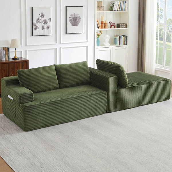 English Elm L-Shaped Cloud Sectional Sofa - Cozy Modular Sleeper, No Assembly, Durable Green Corduroy Design W2339P409432