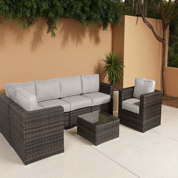 English Elm 5-Person Wicker Patio Set with Cushions Fully Assembled — 7-Piece Weatherproof Aluminum Sofa Set, Plush 5" Cushions Grey B120S00107