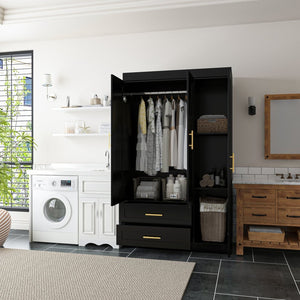 English Elm Shaker Three Door Wardrobe Armoire with Hanging Rod and Shelves for Bedroom Black T3210S00006