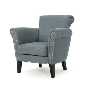 English Elm Christopher Knight Home® - CLUB Chair with Curved Silhouette and Nailhead Trim — Upholstered Luxury Accent Seat with Birch Legs Blue+Grey 31.5 L x 24.75 W x 23 H 60841.00STB