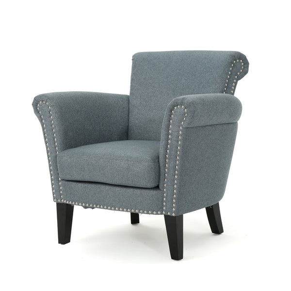 English Elm Christopher Knight Home® - CLUB Chair with Curved Silhouette and Nailhead Trim — Upholstered Luxury Accent Seat with Birch Legs Blue+Grey 31.5 L x 24.75 W x 23 H 60841.00STB