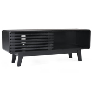 English Elm TV Stand Sleek Mid-Century Console with Sliding Door Storage and Open Shelves for Organized Living Room Black T3623P379948