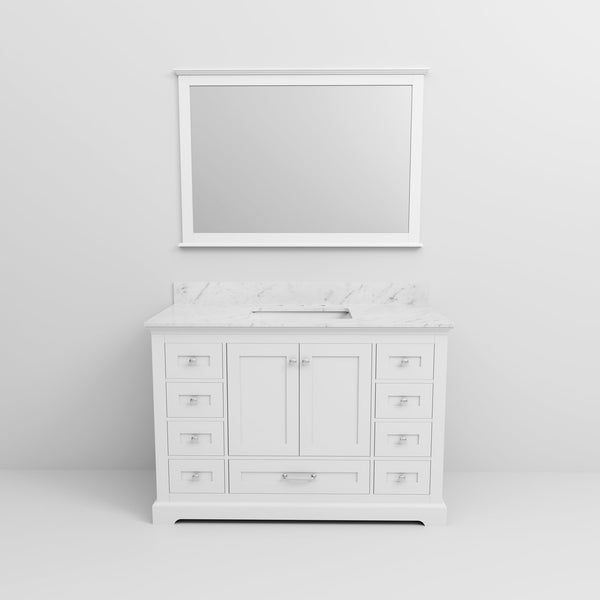 English Elm White Single Bath Vanity 48 in. W x 22 in. D with Carrara Marble Top, 9 Drawers, Soft-Close, Mirror Included B2731S00648