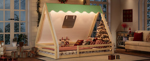 English Elm Twin Montessori Floor Bed Solid Pine Teepee Frame with Guardrails and Canopy Light Natural W1580P369468