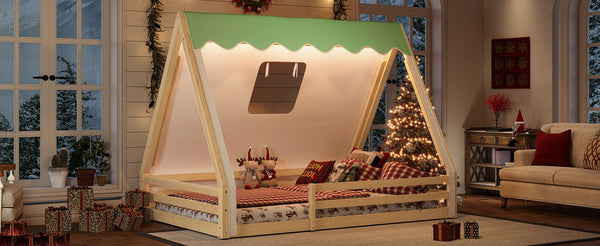 English Elm Twin Montessori Floor Bed Solid Pine Teepee Frame with Guardrails and Canopy Light Natural W1580P369468