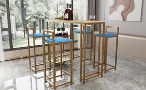 English Elm Bar Table and Four Cushioned Chairs Gold Iron Frame with Built-in Shelf Coastal Style W3064P245382