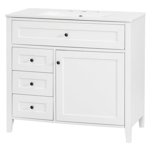 English Elm 36-Inch White Bathroom Vanity With Sink, Modern Mdf & Rubberwood, 3 Drawers & Adjustable Shelf Storage N725P350821K