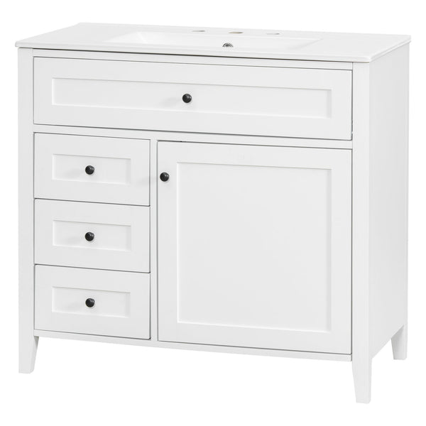 English Elm 36-Inch White Bathroom Vanity With Sink, Modern Mdf & Rubberwood, 3 Drawers & Adjustable Shelf Storage N725P350821K