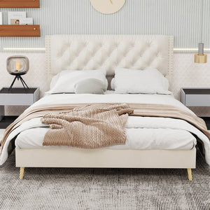 English Elm Velvet Tufted Queen Platform Bed Diamond Headboard for Elegant Master Bedroom W1935P361008
