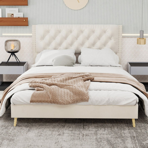 English Elm Velvet Tufted Queen Platform Bed Diamond Headboard for Elegant Master Bedroom W1935P361008
