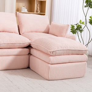 English Elm L Shaped Corduroy Modular Sectional with Cloud Cushions Footstool and Lumbar Pillows Pink W395S00138
