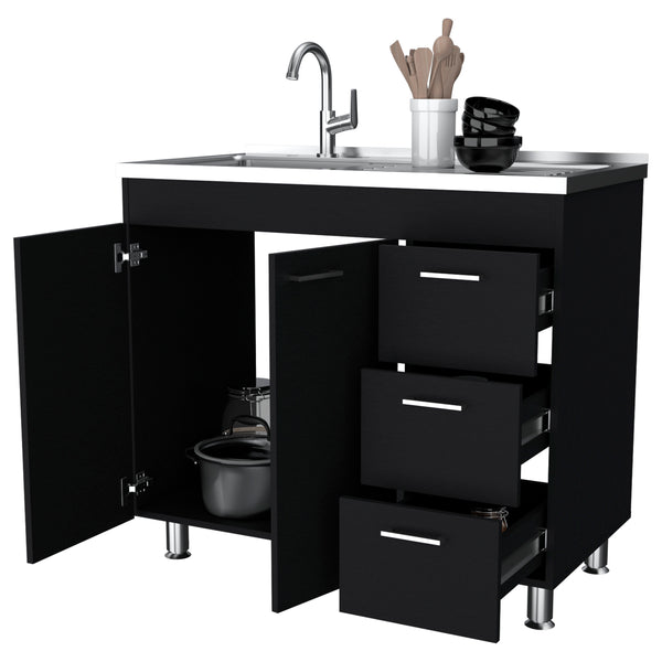 English Elm Darien Melamine Base Cabinet with Stainless Steel Top, Faucet Hole, 3 Drawers & Double Door Storage B128S00005