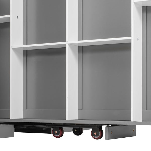 English Elm Rotating Queen Murphy Wall Bed with 14 Open Shelves Hydraulic Lift Space Saving Gray LP000962AAE