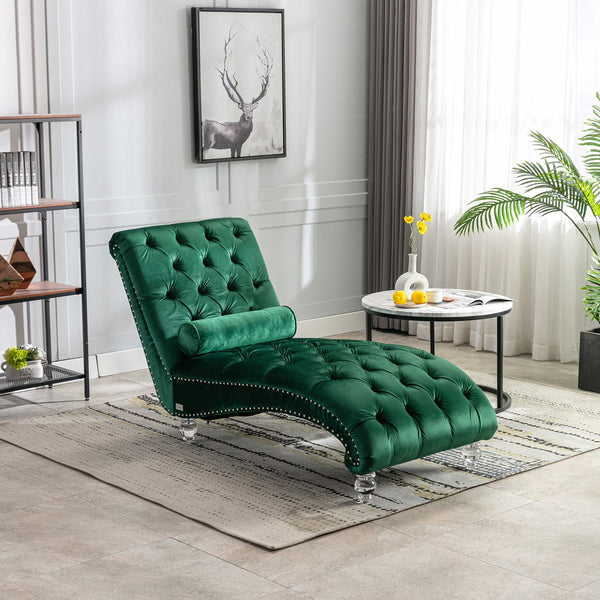 English Elm Velvet Curved Chaise Lounge Sofa with Button-Tufted Upholstery, Foam Seat, Acrylic Legs, Stylish Relaxation Emerald W39538677
