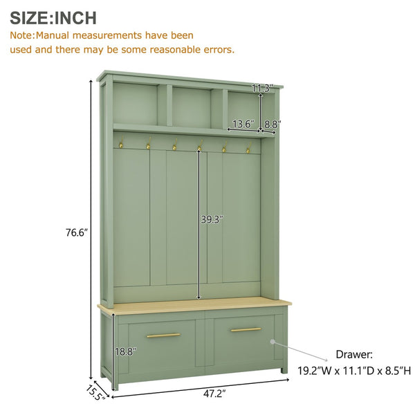 English Elm On-trend Entryway Hall Tree with Gold Hooks Bench Drawers and Shoe Cabinet Storage Mint Green N721S000056M-1