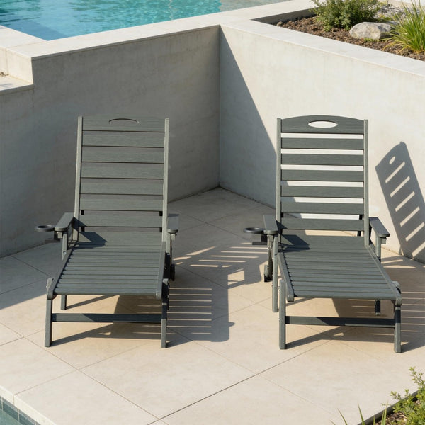English Elm Patio Hdpe Chaise Lounge Outdoor Reclining Poolside Chair with Built-in Cup Holder Grey W1859P478586