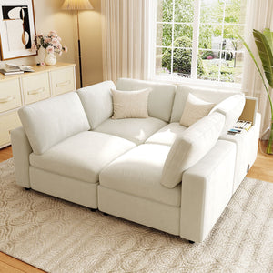 English Elm U-style 113" Upholstered Modular Sofa with Built-In Bluetooth Audio, Wireless Charging & Storage Beige WY000457AAA