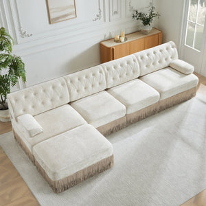 English Elm 135" Modular Velvet Sectional Sofa Chesterfield Tufted Tassel Skirt Living Room W714S01689