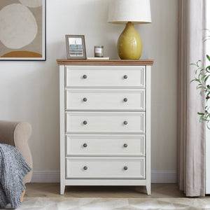 English Elm Modern 5-Drawer Dresser Tall Chest with Smooth-Glide Drawers, Metal Handles, Stable Feet, Beige Finish W2275P233488