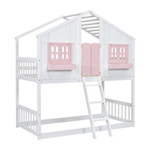 English Elm Twin House Bunk Bed with Roof, Window Box, Door, Guardrails & Ladder—Sturdy Pine Playful Design for Kids Pink+White W504S00151