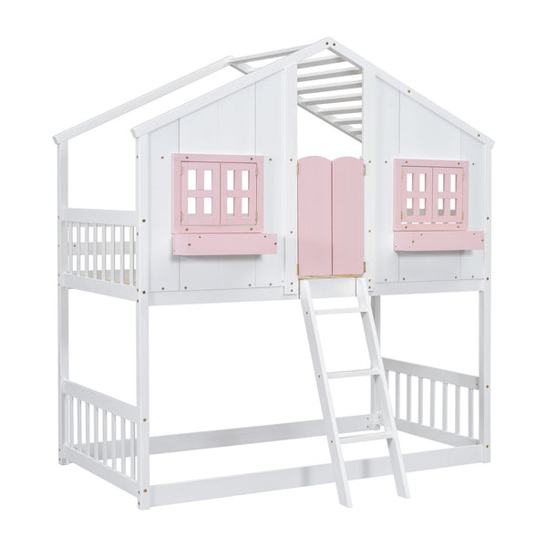 English Elm Twin House Bunk Bed with Roof, Window Box, Door, Guardrails & Ladder—Sturdy Pine Playful Design for Kids Pink+White W504S00151