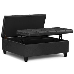 English Elm Harrison Large Square Storage Ottoman Coffee Table with Tufted Vegan Leather, Lift-Top & Seating Distressed Black B136P254706