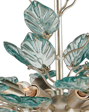 Currey & Company Baobab Medium Silver Chandelier - Elegant Biophilic Design With Recycled Glass Leaves & Dimmable Light Blue Recycled Glass ,Wrought Iron 9000-1293-currey-company