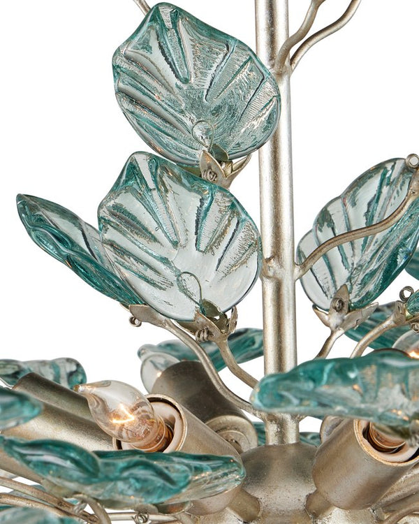 Currey & Company Baobab Medium Silver Chandelier - Elegant Biophilic Design With Recycled Glass Leaves & Dimmable Light Blue Recycled Glass ,Wrought Iron 9000-1293-currey-company