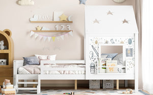 English Elm Full Bunk Bed with Trundle Bookshelf Storage Pine Frame Car Design for Kids Light White W1580S00295