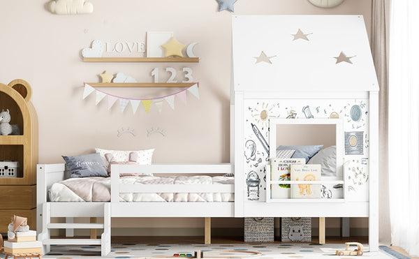 English Elm Full Bunk Bed with Trundle Bookshelf Storage Pine Frame Car Design for Kids Light White W1580S00295