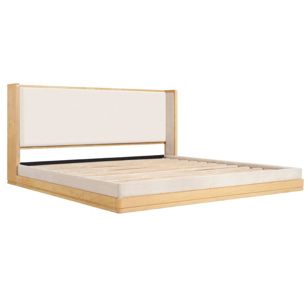 English Elm Mid-century Modern King Platform Bed Waterfall Headboard Natural Wood Beige Upholstered N769K354726W
