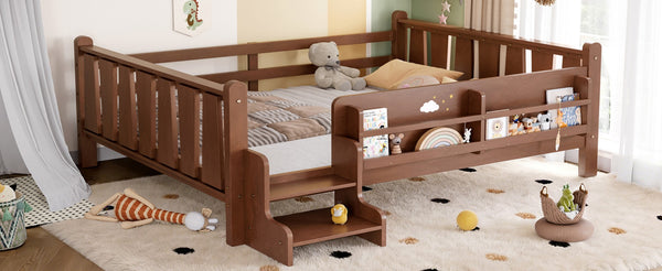 English Elm Twin Pine Floor Bed for Kids with Side Bookcases Built-in Stairs and Safety Guardrails Natural W1580P390225