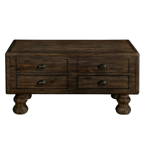 English Elm Solid Wood Rectangle Coffee Table With Antique Finish, 4 Drawers, Rivet Legs - Rustic Charm For Living Room W1202P176740-GIGA