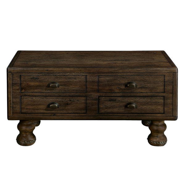 English Elm Solid Wood Rectangle Coffee Table With Antique Finish, 4 Drawers, Rivet Legs - Rustic Charm For Living Room W1202P176740-GIGA
