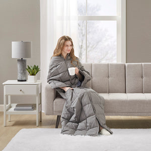 JLA Home True North by Sleep Philosophy - Wearable Oversized Goose Down Throw Jacket with Water-Repellent Shell, Packable Warmth & Button Closure Grey TN50-0482