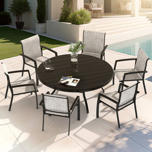 English Elm 7-Piece Patio Dining Set - Stylish Metal Round Table & 6 Stackable Textilene Chairs For Outdoor Fun! W213S00053