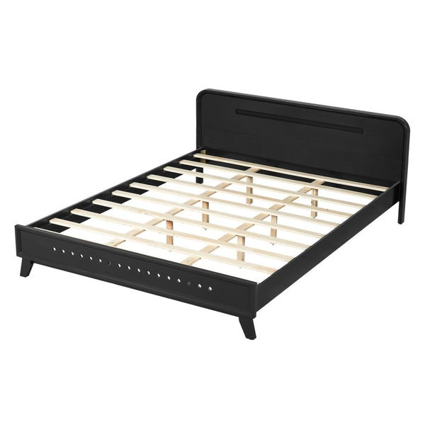 English Elm Pine Solid Wood Queen Platform Bed Matte Finish Tall Headboard No Box Spring Black N770PQ291030B