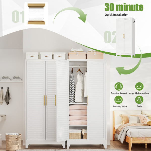 English Elm White Steel Freestanding Wardrobe Cabinet with Rod and Shelves for Dorm or Apartment T2398P480394
