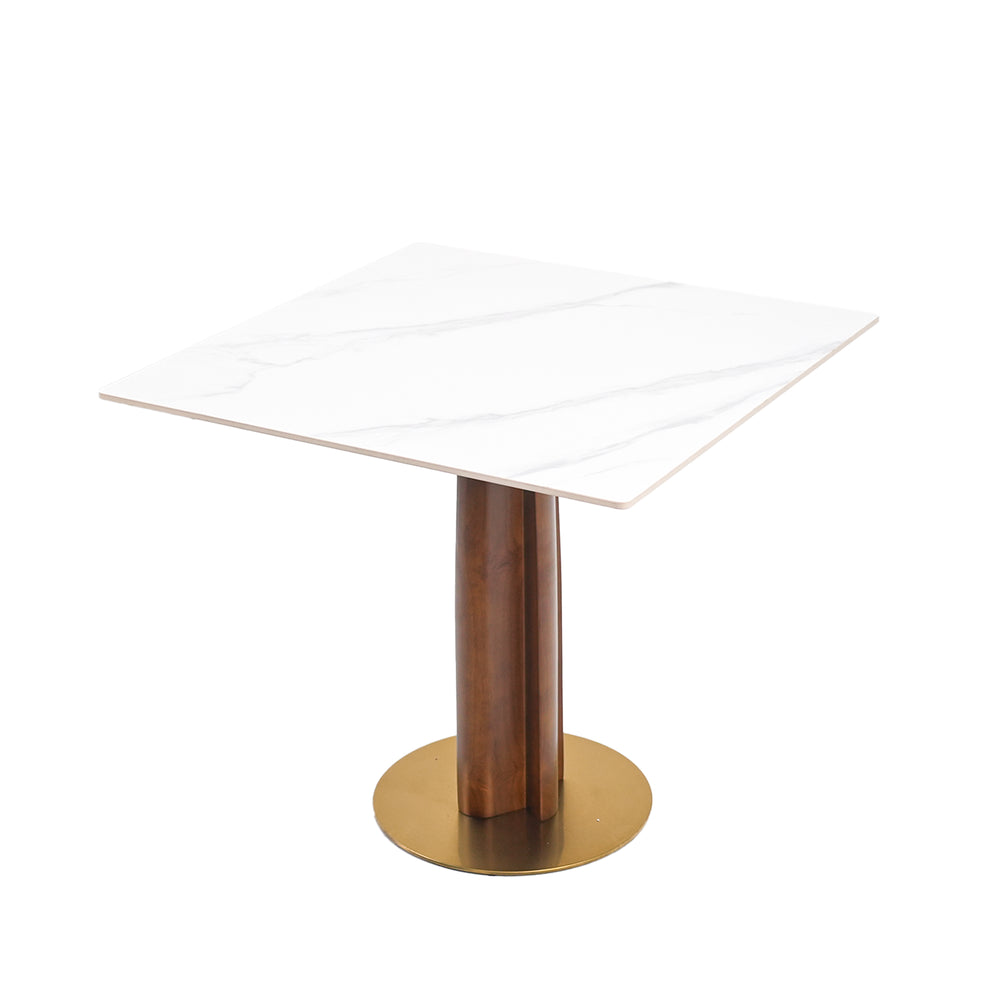 English Elm Modern Square Dining Table, 33.5" Sintered Stone Top With Wooden Legs & Gold Base - 2-Person Design W1535S00609