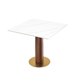 English Elm Modern Square Dining Table, 33.5" Sintered Stone Top With Wooden Legs & Gold Base - 2-Person Design W1535S00609