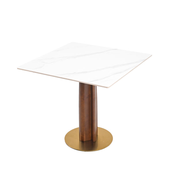 English Elm Modern Square Dining Table, 33.5" Sintered Stone Top With Wooden Legs & Gold Base - 2-Person Design W1535S00609