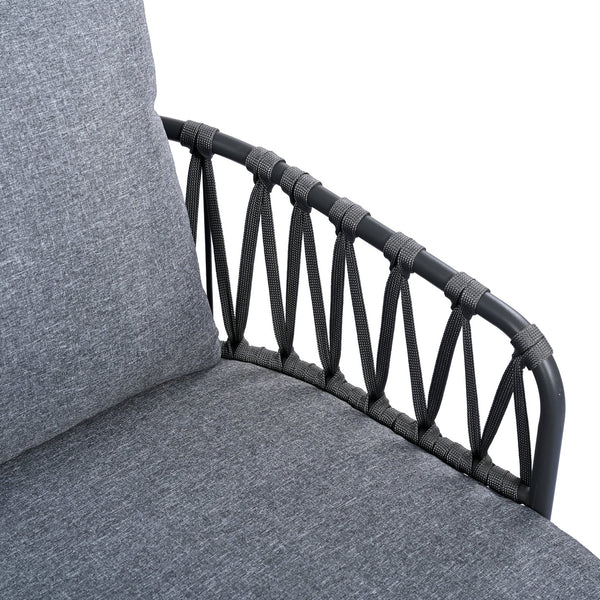 English Elm Christopher Knight Home® - 4-Piece Outdoor Patio Set with Woven Rope U-Back, Steel Frame, Thick Cushions & Acacia Table for Garden Black+Grey N780P209458G