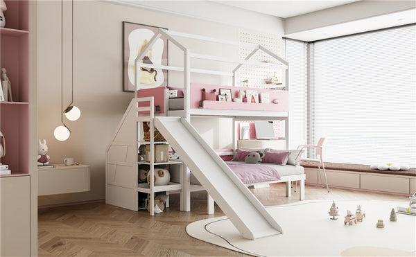 English Elm House-shaped Pine Bunk Bed with Built-in Slide Storage Staircase Twin Over Full Kids Frame White+Pink N820S00082K