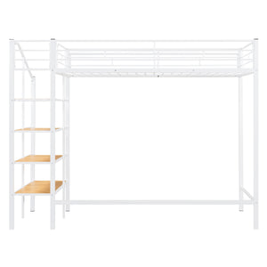 English Elm Twin Metal Loft Bed with Upper Grid Storage Shelf and 4-Layer Ladder Shelves for Space Saving White SF100081AAK