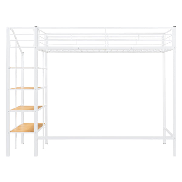 English Elm Twin Metal Loft Bed with Upper Grid Storage Shelf and 4-Layer Ladder Shelves for Space Saving White SF100081AAK